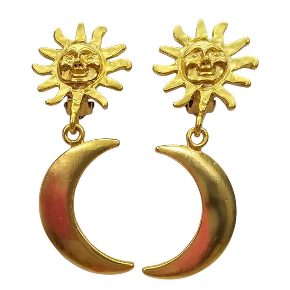 Sun Crescent Moon Gold Tone Clip On Dangle Earrings